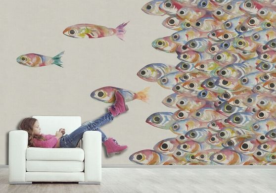 Рисованая стая разноцветных рыбок