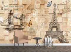 Иллюстрированный стилизованный Париж на фоне деревянных брусьев