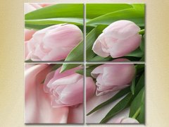 Полиптих Розовые тюльпаны на шелковой ткани