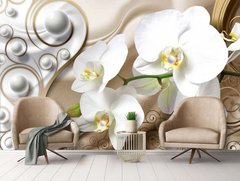 Крупные белые орхидеи на фоне шелка и шары