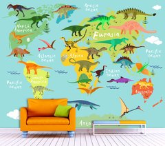 Яркая детская карта мира с разноцветными континентами и динозаврами