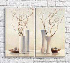 Белые вазы и ветви на бежевом фоне, натюрморт, диптих