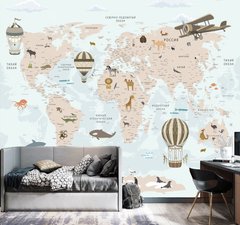 Самолеты и воздушные шары на фоне карты мира с животными
