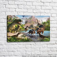 Огромные динозавры в джунглях на фоне гор