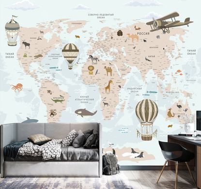 Avioane și baloane pe fundalul unei hărți a lumii cu animale