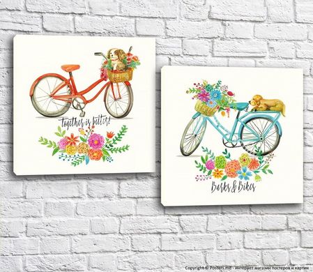 Винтажные велосипеды в цветах и щенки