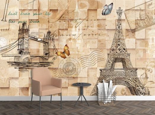 Иллюстрированный стилизованный Париж на фоне деревянных брусьев