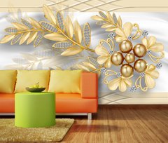 3Д фотообои, жемчужные цветы с золотыми веточками на белом фоне