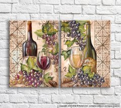 Красное и белое вино, виноград маслом на фоне узоров, диптих