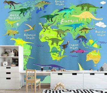 Continente liminoase si dinozauri pe fundal de oceane albastre