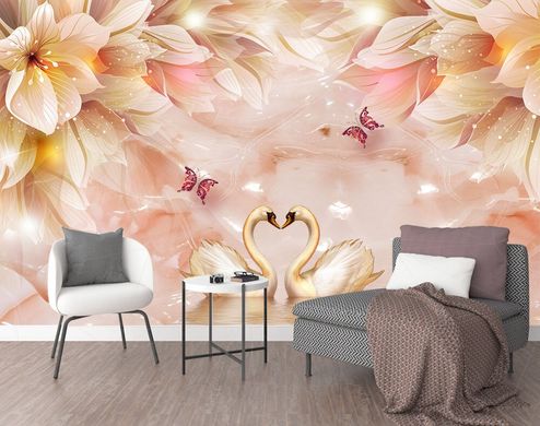 Лебеди и бабочки на розовом фоне с цветами