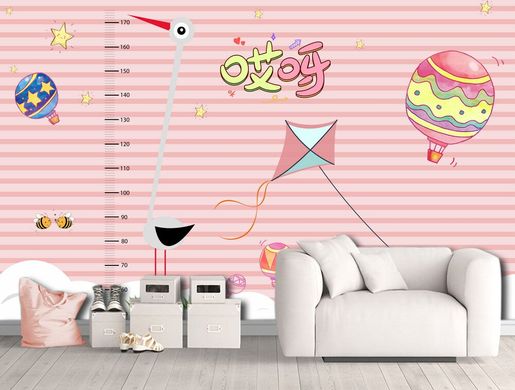Stadimetru de barză pe fond roz cu baloane și zmeu