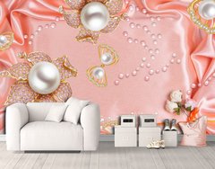 Bijuterii florale cu perle albe si strasuri pe un fundal de matase roz