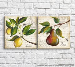 Лемоны и груша маслом на фоне текста, диптих