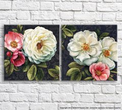 Белые и розовые хризантемы на черном фоне с узорами, диптих
