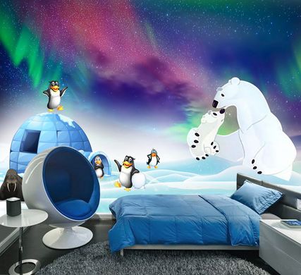 Urși polari și pinguini pe fundalul aurorelor boreale