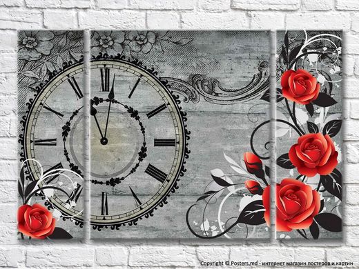 Trandafiri roșii pe fundal vintage cu ceas