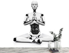 Robot în poziție lotus pe fundal alb, yoga