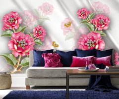3Д фотообои, розовые цветы с камнями на текстуре шелка