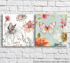 Разноцветные бабочки и цветы на белом и голубом фонах, диптих