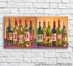Разноцветные бутылки с вином и пробки на оранжевом фоне, диптих