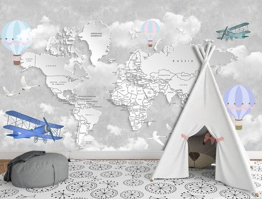 Harta lumii 3D în engleză, cu avioane și baloane