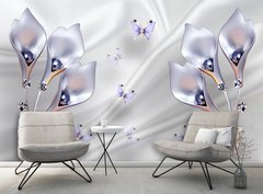 3Д фотообои, жемчужные цветы и фиолетовые бабочки на фоне шелка