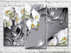 Белые орхидеи и стальные узоры на сером фоне