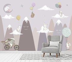 Горы, зайцы и мишка на воздушном шаре, фиолетовый пастельный