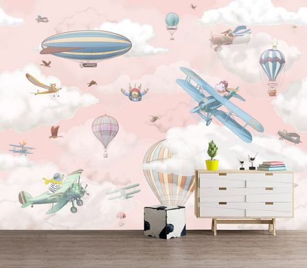 Vehicule zburătoare și animale pe un fundal roz cu nori