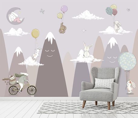 Горы, зайцы и мишка на воздушном шаре, фиолетовый пастельный