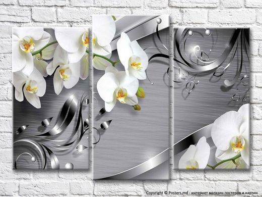 Orhidee albe și modele de oțel pe un fundal gri