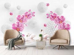 Яркие бело розовые орхидеи на фоне 3д шаров и лебедей