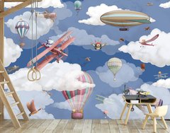 Летающие аппараты и животные на фоне неба с облаками