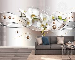 Ветка белой орхидеи и абстрактные линии на светлом фоне