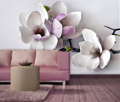 Tapet foto 3D magnolie roz pal, pe fundal deschis