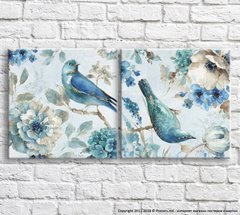 Птицы и голубые цветы на голубом фоне, диптих