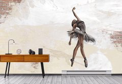Балерина в коричневой пачке, на светлой стене, кирпич