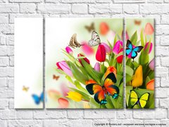 Яркий разноцветный букет из тюльпанов с бабочками