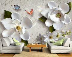 Крупные белые цветы и бабочки на винтажном фоне