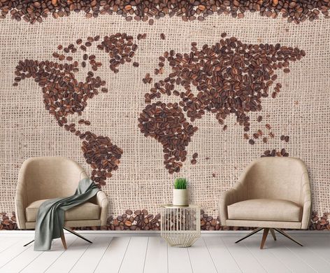 Harta lumii realizata din boabe de cafea pe pinza