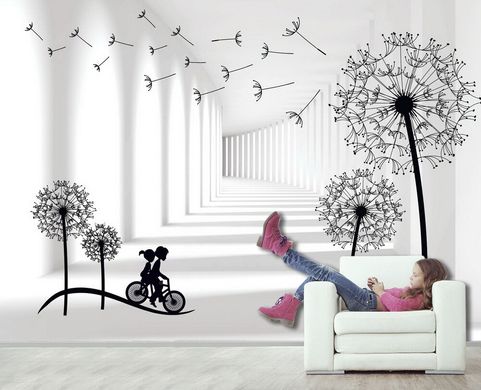 Păpădii și copii pe o bicicletă pe un fundal deschis al coridorului
