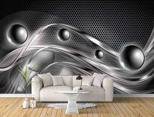 Серые ленты и сферы на черном фоне, 3D Абстракции