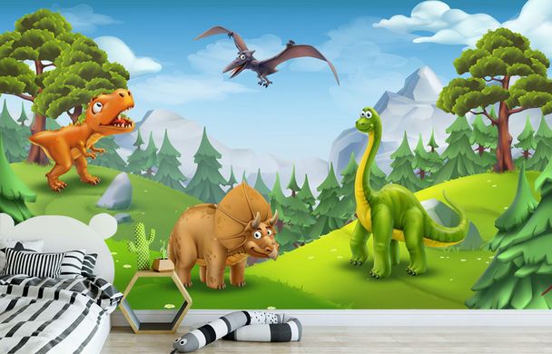 Personaje de desene animate dinozauri pe fundalul unui peisaj forestier