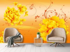 Фотообои 3Д, желтые цветы и бабочки на оранжевом фоне