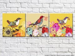 Яркий триптих с разноцветными цветами и птицами