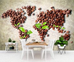 Абстрактная карта мира из кофейных зерен и листьев кофе