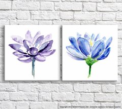 Синие и фиолетовые цветы на белом фоне, краски, диптих