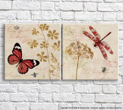 Красная бабочка и стрекоза на фоне растений и текста, винтаж, диптих