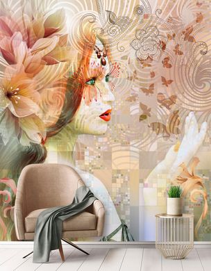 Девушка с цветами и бабочками на абстрактном фоне